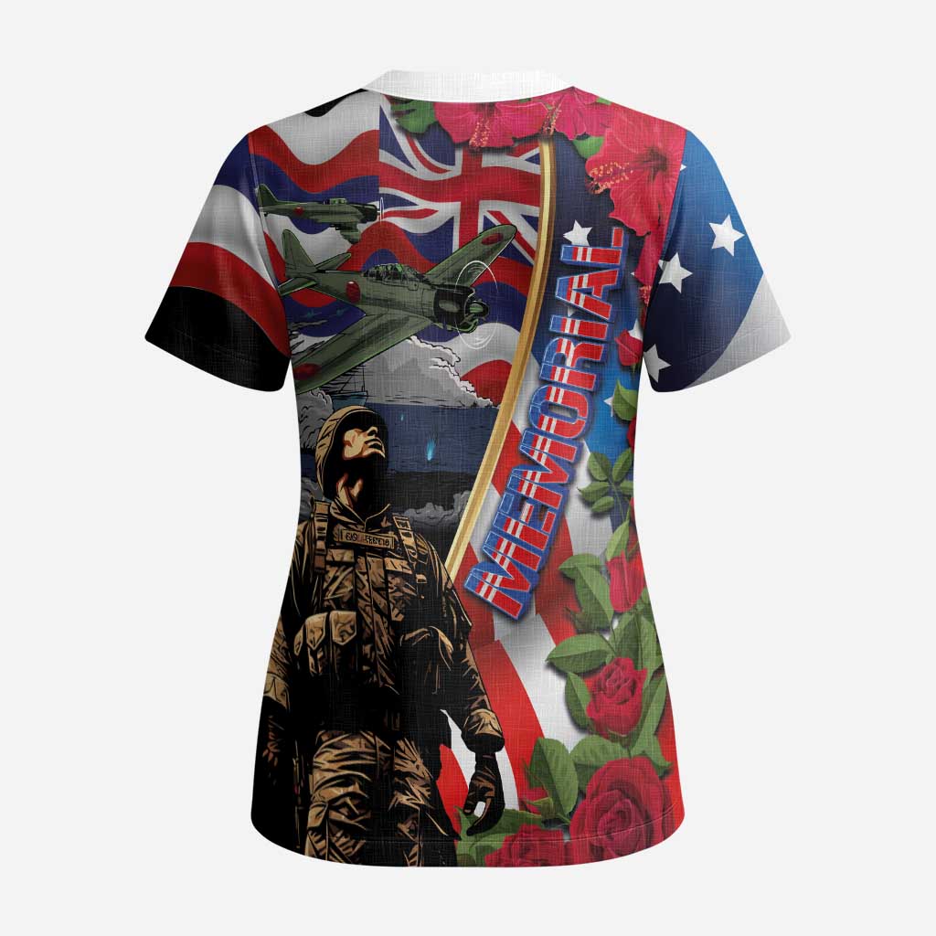 Hawaii and United States Memorial Day Scrub Top Honor and Remember The Fallen - Polynesian Pride