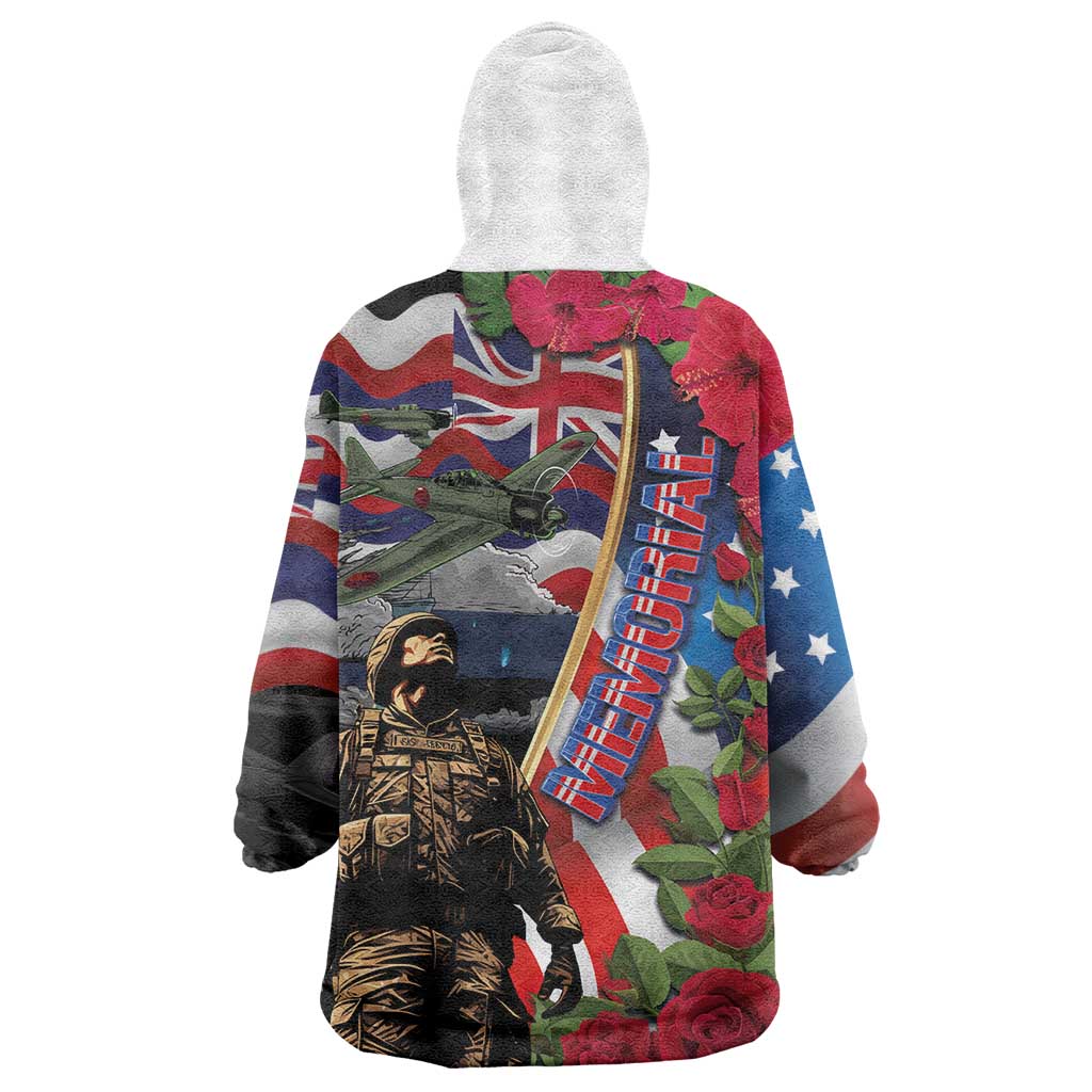 Hawaii and United States Memorial Day Wearable Blanket Hoodie Honor and Remember The Fallen
