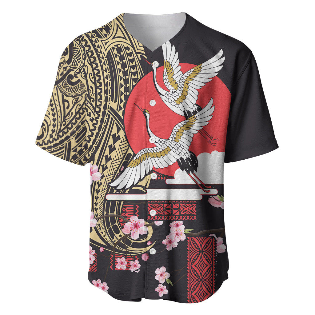 Japanese Culture and Hawaiian Tribal Baseball Jersey Sakura Blossom Tapa Pattern LT03 Black - Polynesian Pride