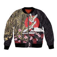 Japanese Culture and Hawaiian Tribal Bomber Jacket Sakura Blossom Tapa Pattern