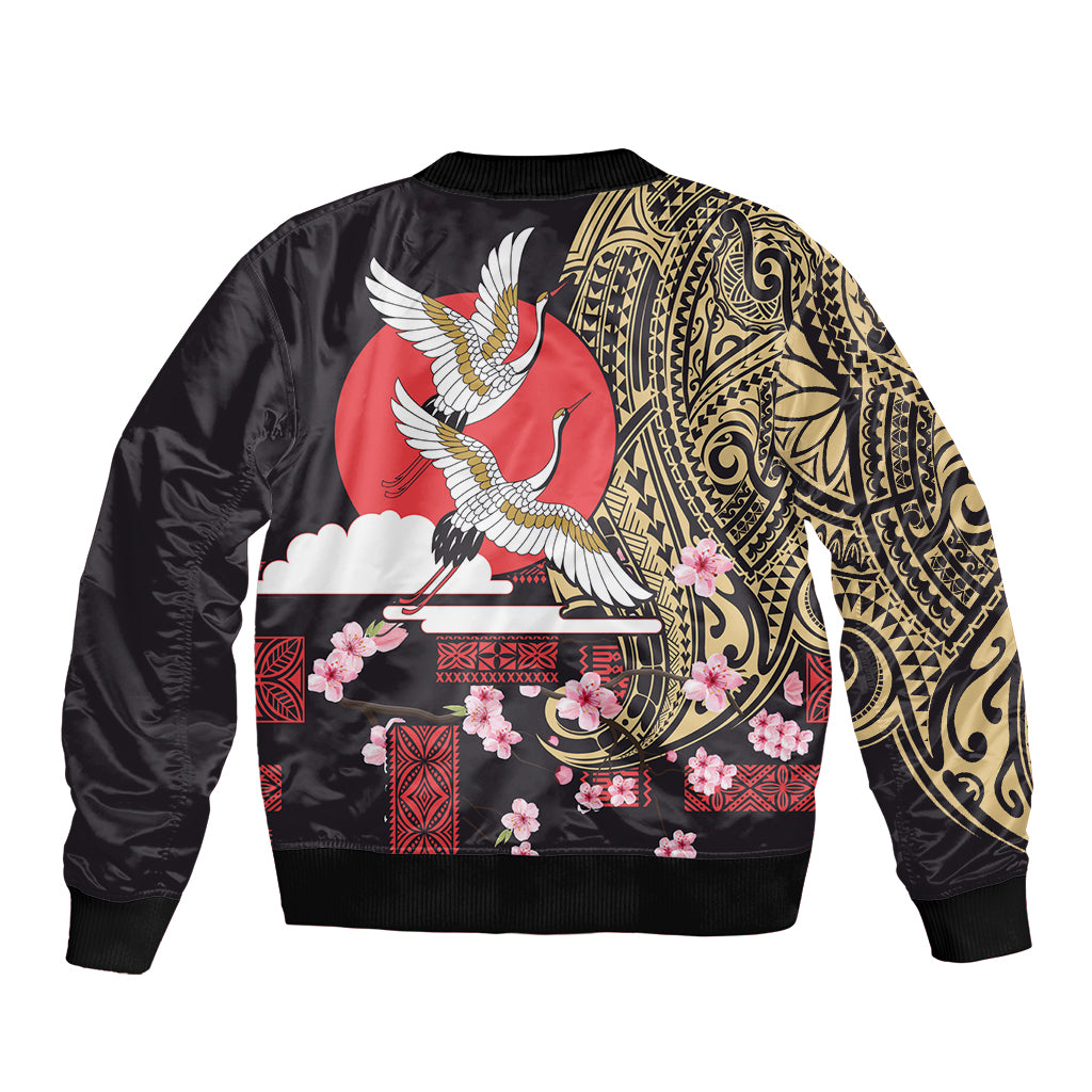Japanese Culture and Hawaiian Tribal Bomber Jacket Sakura Blossom Tapa Pattern