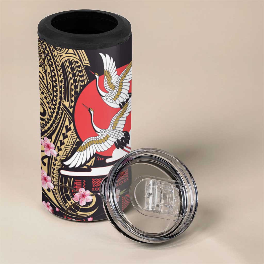 Japanese Culture and Hawaiian Tribal 4 in 1 Can Cooler Tumbler Sakura Blossom Tapa Pattern