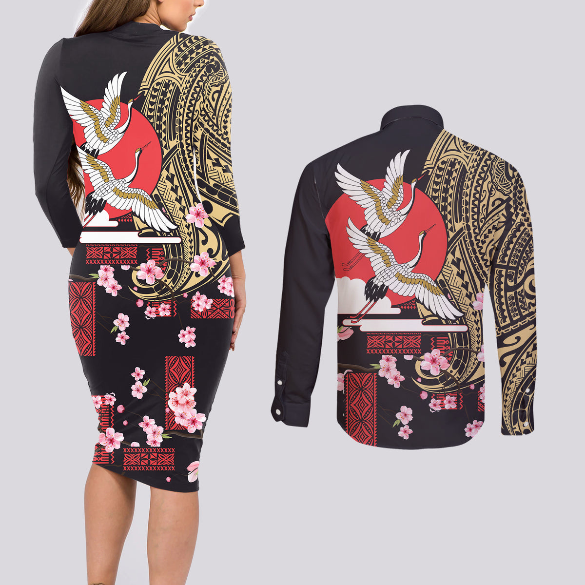 Japanese Culture and Hawaiian Tribal Couples Matching Long Sleeve Bodycon Dress and Long Sleeve Button Shirt Sakura Blossom Tapa Pattern