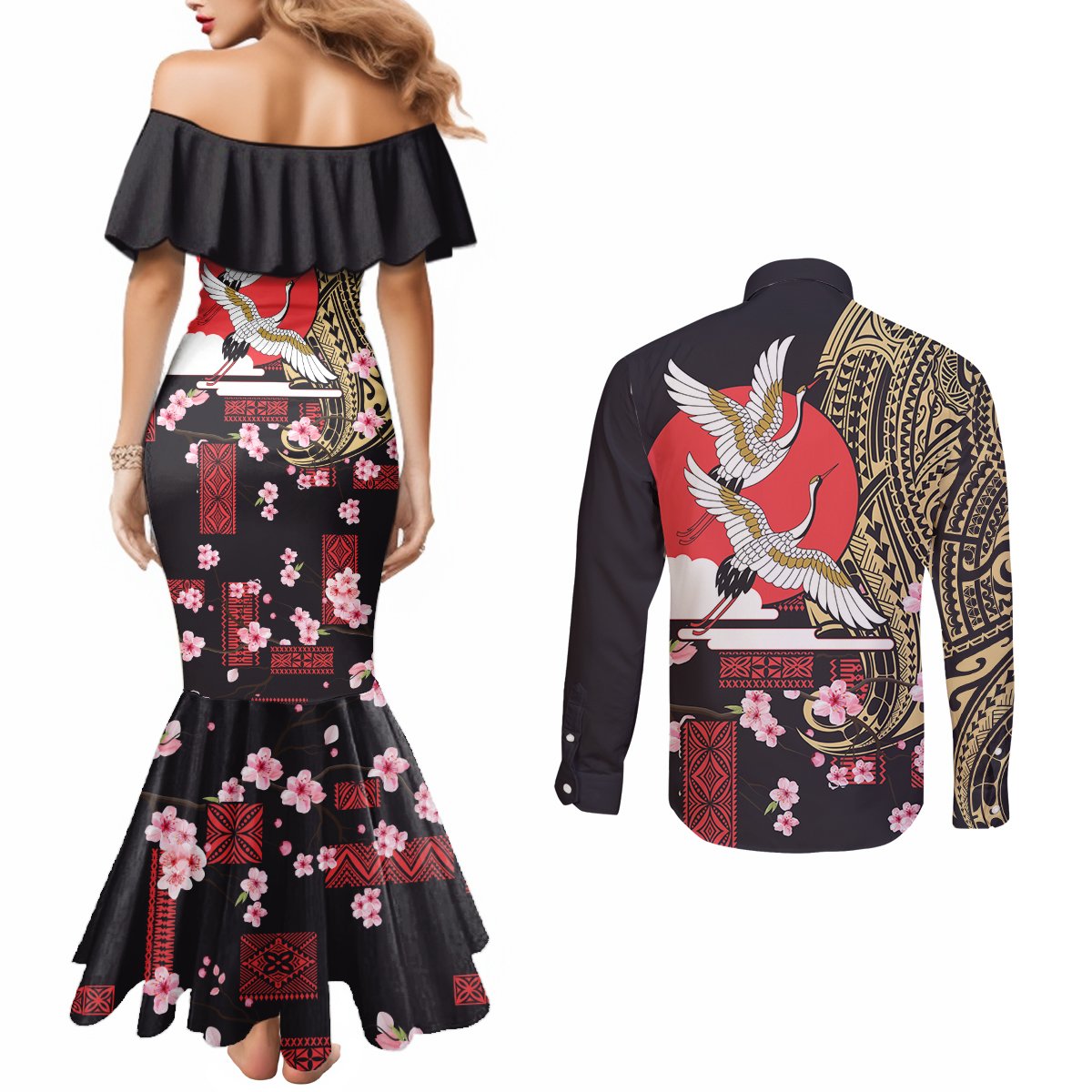 Japanese Culture and Hawaiian Tribal Couples Matching Mermaid Dress and Long Sleeve Button Shirt Sakura Blossom Tapa Pattern