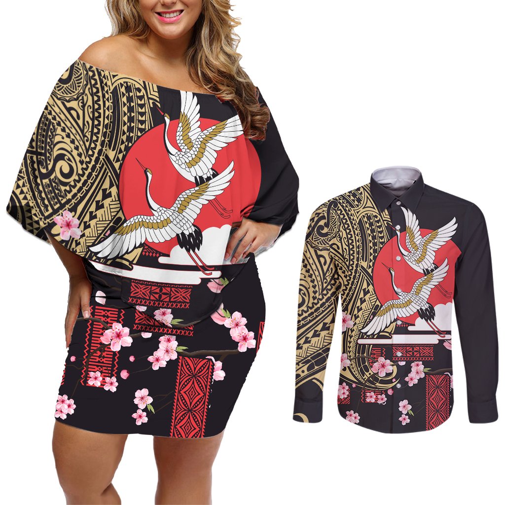 Japanese Culture and Hawaiian Tribal Couples Matching Off Shoulder Short Dress and Long Sleeve Button Shirt Sakura Blossom Tapa Pattern LT03 Black - Polynesian Pride