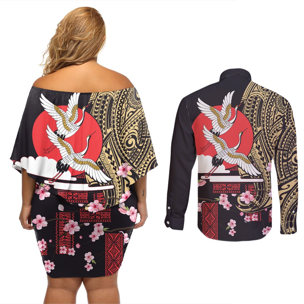 Japanese Culture and Hawaiian Tribal Couples Matching Off Shoulder Short Dress and Long Sleeve Button Shirt Sakura Blossom Tapa Pattern LT03 - Polynesian Pride