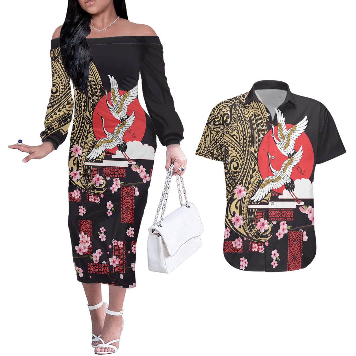 Japanese Culture and Hawaiian Tribal Couples Matching Off The Shoulder Long Sleeve Dress and Hawaiian Shirt Sakura Blossom Tapa Pattern