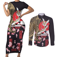 Japanese Culture and Hawaiian Tribal Couples Matching Short Sleeve Bodycon Dress and Long Sleeve Button Shirt Sakura Blossom Tapa Pattern