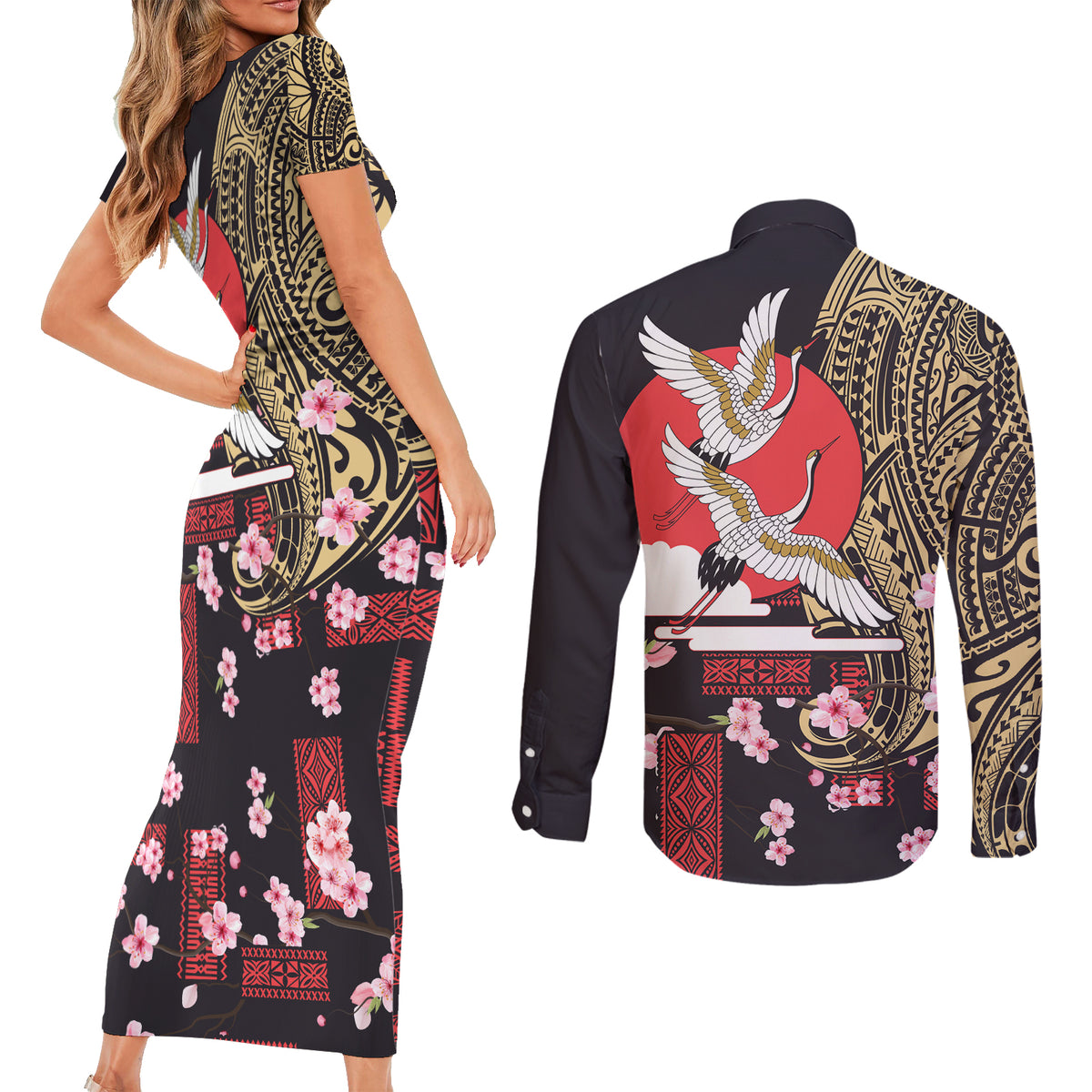 Japanese Culture and Hawaiian Tribal Couples Matching Short Sleeve Bodycon Dress and Long Sleeve Button Shirt Sakura Blossom Tapa Pattern