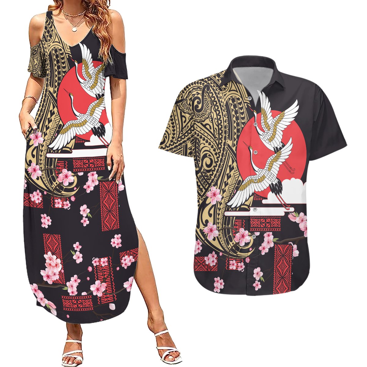 Japanese Culture and Hawaiian Tribal Couples Matching Summer Maxi Dress and Hawaiian Shirt Sakura Blossom Tapa Pattern