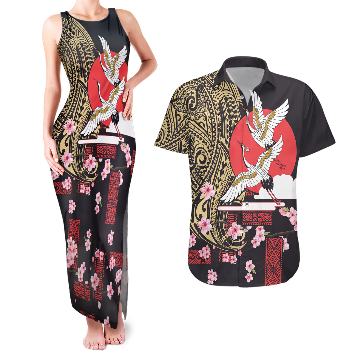 Japanese Culture and Hawaiian Tribal Couples Matching Tank Maxi Dress and Hawaiian Shirt Sakura Blossom Tapa Pattern