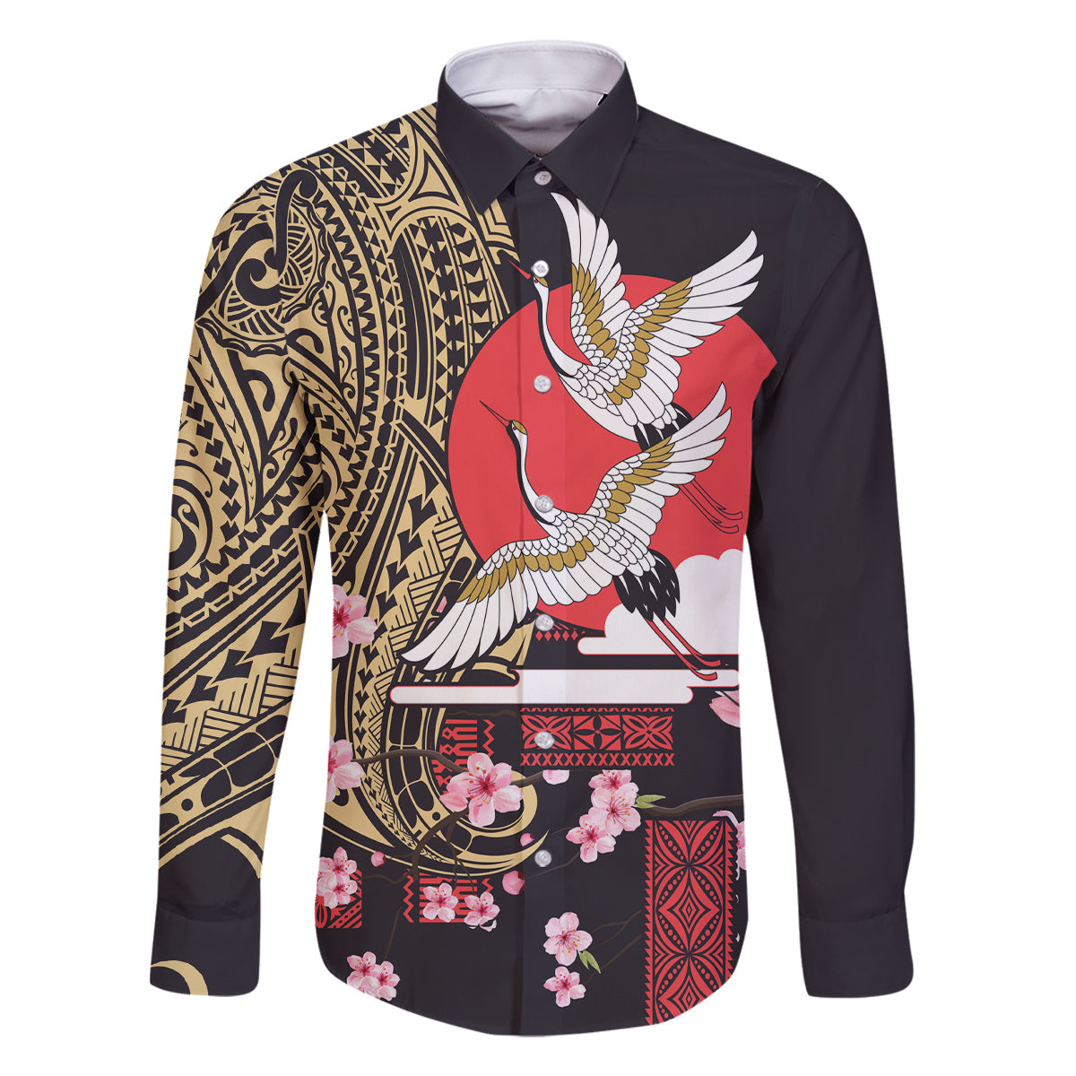 Japanese Culture and Hawaiian Tribal Family Matching Long Sleeve Bodycon Dress and Hawaiian Shirt Sakura Blossom Tapa Pattern