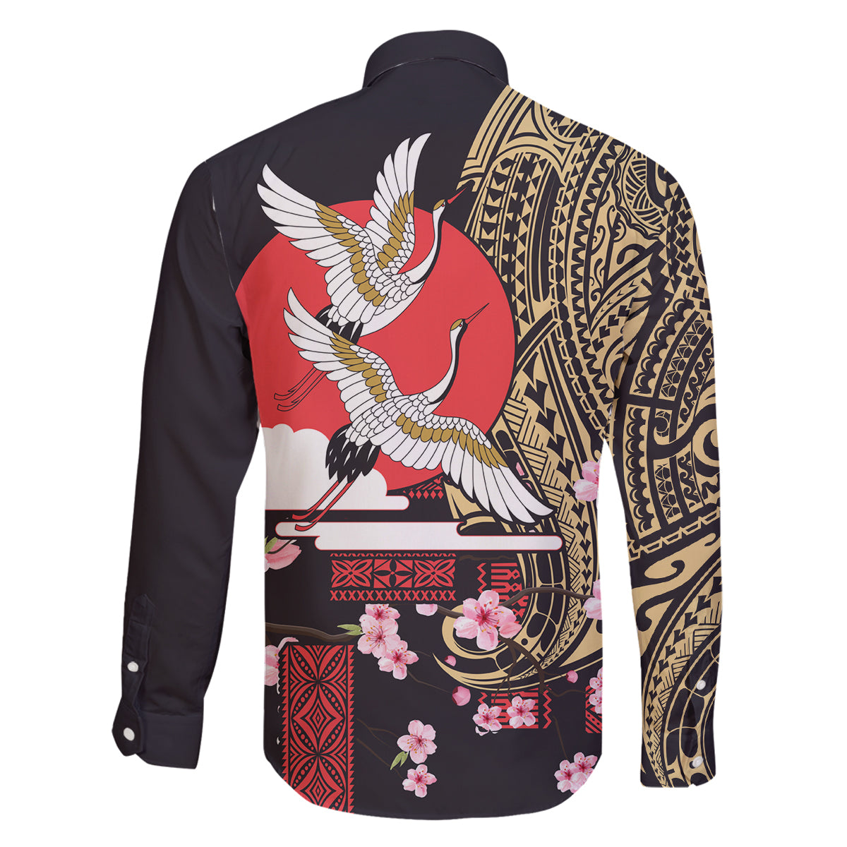 Japanese Culture and Hawaiian Tribal Family Matching Long Sleeve Bodycon Dress and Hawaiian Shirt Sakura Blossom Tapa Pattern