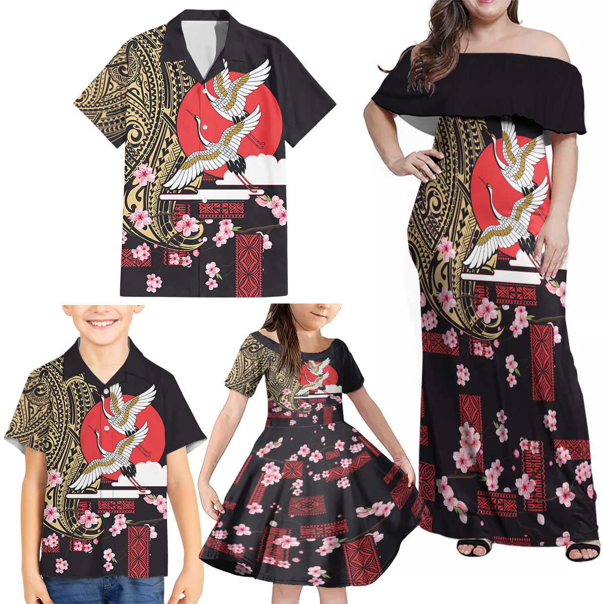 Japanese Culture and Hawaiian Tribal Family Matching Off Shoulder Maxi Dress and Hawaiian Shirt Sakura Blossom Tapa Pattern LT03 - Polynesian Pride