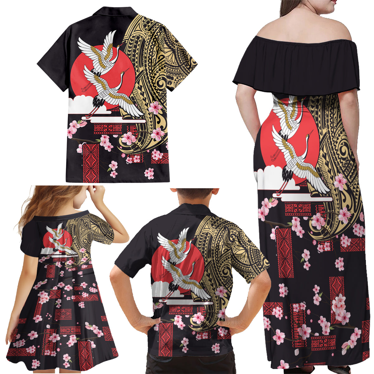Japanese Culture and Hawaiian Tribal Family Matching Off Shoulder Maxi Dress and Hawaiian Shirt Sakura Blossom Tapa Pattern LT03 - Polynesian Pride