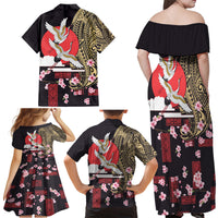 Japanese Culture and Hawaiian Tribal Family Matching Off Shoulder Maxi Dress and Hawaiian Shirt Sakura Blossom Tapa Pattern LT03 - Polynesian Pride