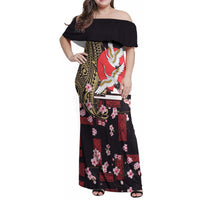 Japanese Culture and Hawaiian Tribal Family Matching Off Shoulder Maxi Dress and Hawaiian Shirt Sakura Blossom Tapa Pattern LT03 Mom's Dress Black - Polynesian Pride