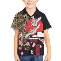 Japanese Culture and Hawaiian Tribal Family Matching Off Shoulder Maxi Dress and Hawaiian Shirt Sakura Blossom Tapa Pattern LT03 Son's Shirt Black - Polynesian Pride