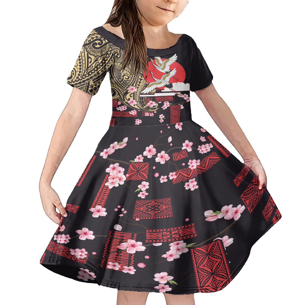 Japanese Culture and Hawaiian Tribal Family Matching Off Shoulder Short Dress and Hawaiian Shirt Sakura Blossom Tapa Pattern LT03 Daughter's Dress Black - Polynesian Pride