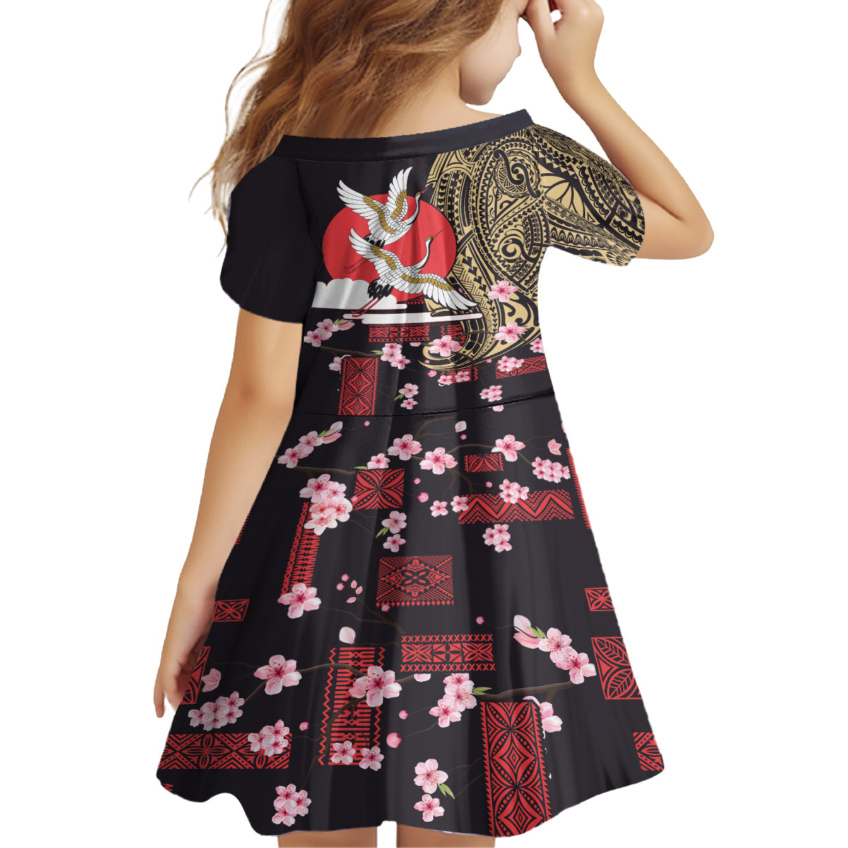 Japanese Culture and Hawaiian Tribal Family Matching Off Shoulder Short Dress and Hawaiian Shirt Sakura Blossom Tapa Pattern LT03 - Polynesian Pride