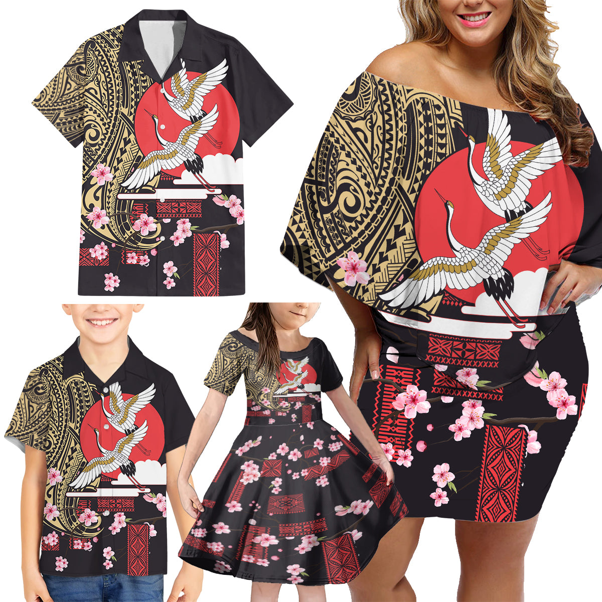 Japanese Culture and Hawaiian Tribal Family Matching Off Shoulder Short Dress and Hawaiian Shirt Sakura Blossom Tapa Pattern LT03 - Polynesian Pride