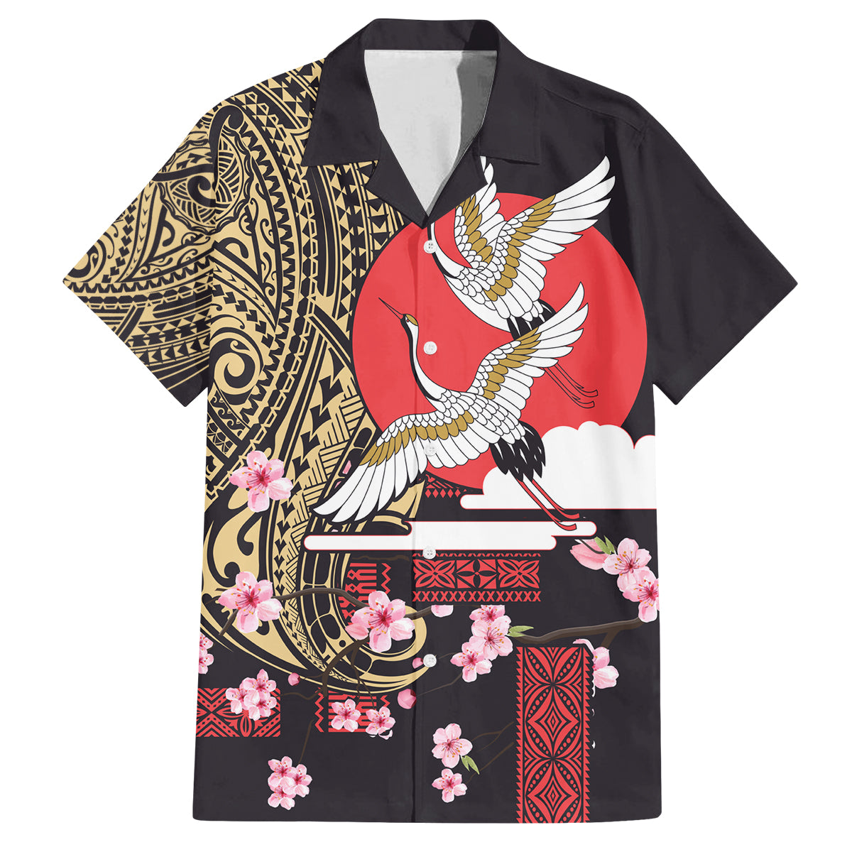 Japanese Culture and Hawaiian Tribal Family Matching Off Shoulder Short Dress and Hawaiian Shirt Sakura Blossom Tapa Pattern LT03 Dad's Shirt - Short Sleeve Black - Polynesian Pride