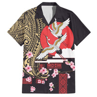 Japanese Culture and Hawaiian Tribal Family Matching Off Shoulder Short Dress and Hawaiian Shirt Sakura Blossom Tapa Pattern LT03 Dad's Shirt - Short Sleeve Black - Polynesian Pride
