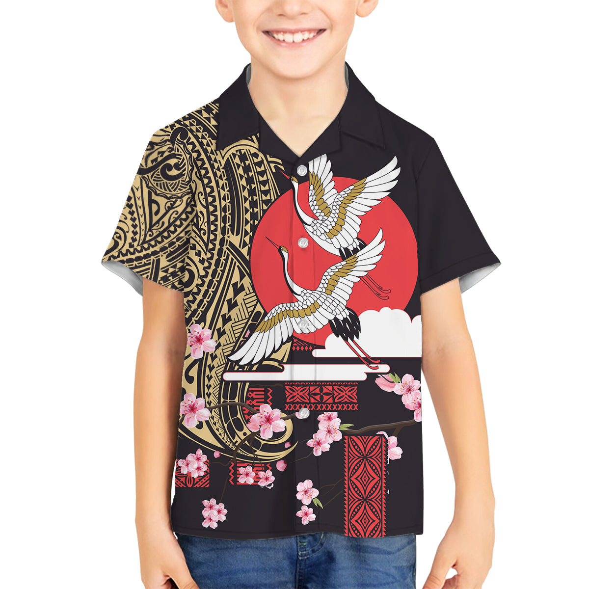 Japanese Culture and Hawaiian Tribal Family Matching Off Shoulder Short Dress and Hawaiian Shirt Sakura Blossom Tapa Pattern LT03 Son's Shirt Black - Polynesian Pride