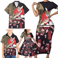 Japanese Culture and Hawaiian Tribal Family Matching Short Sleeve Bodycon Dress and Hawaiian Shirt Sakura Blossom Tapa Pattern LT03 - Polynesian Pride