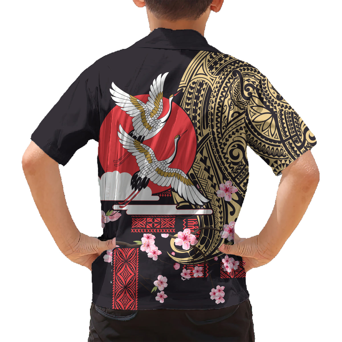 Japanese Culture and Hawaiian Tribal Kid Hawaiian Shirt Sakura Blossom Tapa Pattern LT03 - Polynesian Pride