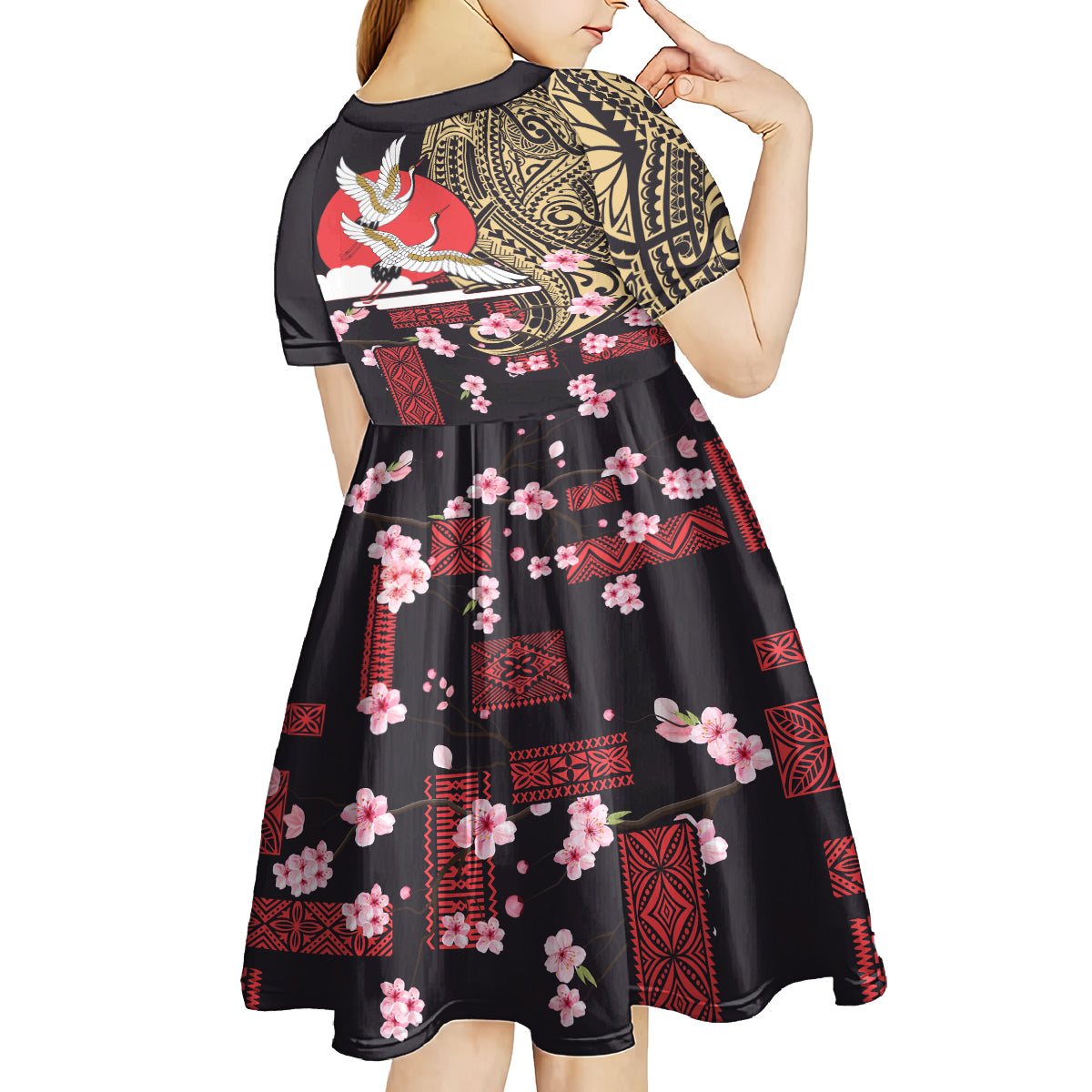 Japanese Culture and Hawaiian Tribal Kid Short Sleeve Dress Sakura Blossom Tapa Pattern