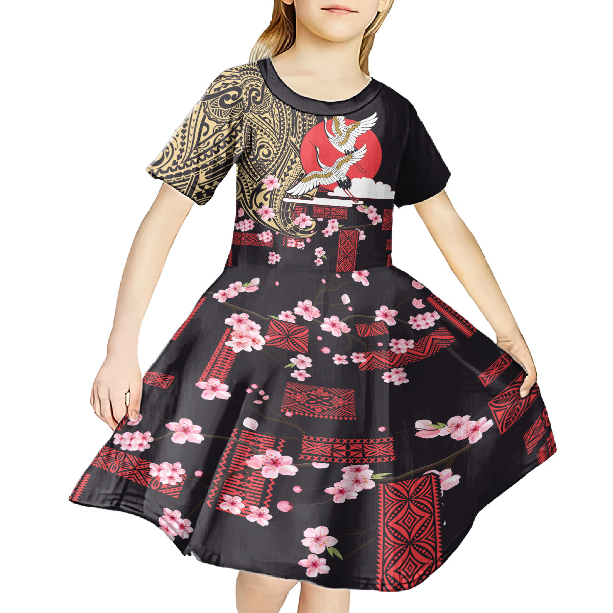 Japanese Culture and Hawaiian Tribal Kid Short Sleeve Dress Sakura Blossom Tapa Pattern