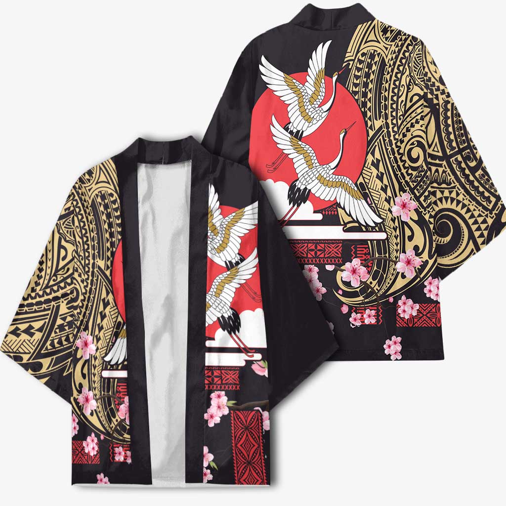 Japanese Culture and Hawaiian Tribal Kimono Sakura Blossom Tapa Pattern - Polynesian Pride