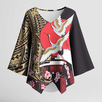 Japanese Culture and Hawaiian Tribal Kimono Sleeve Blouse Sakura Blossom Tapa Pattern - Polynesian Pride