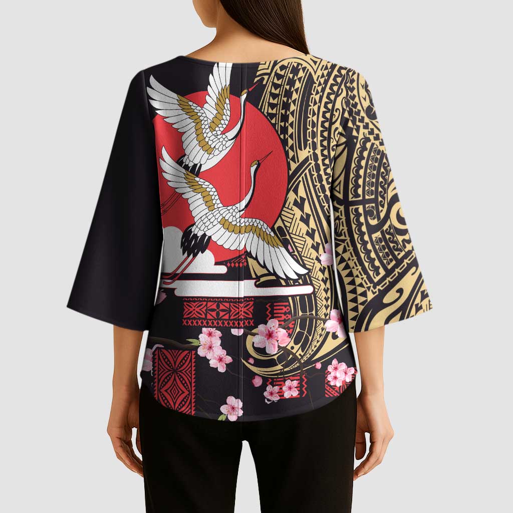 Japanese Culture and Hawaiian Tribal Kimono Sleeve Blouse Sakura Blossom Tapa Pattern - Polynesian Pride