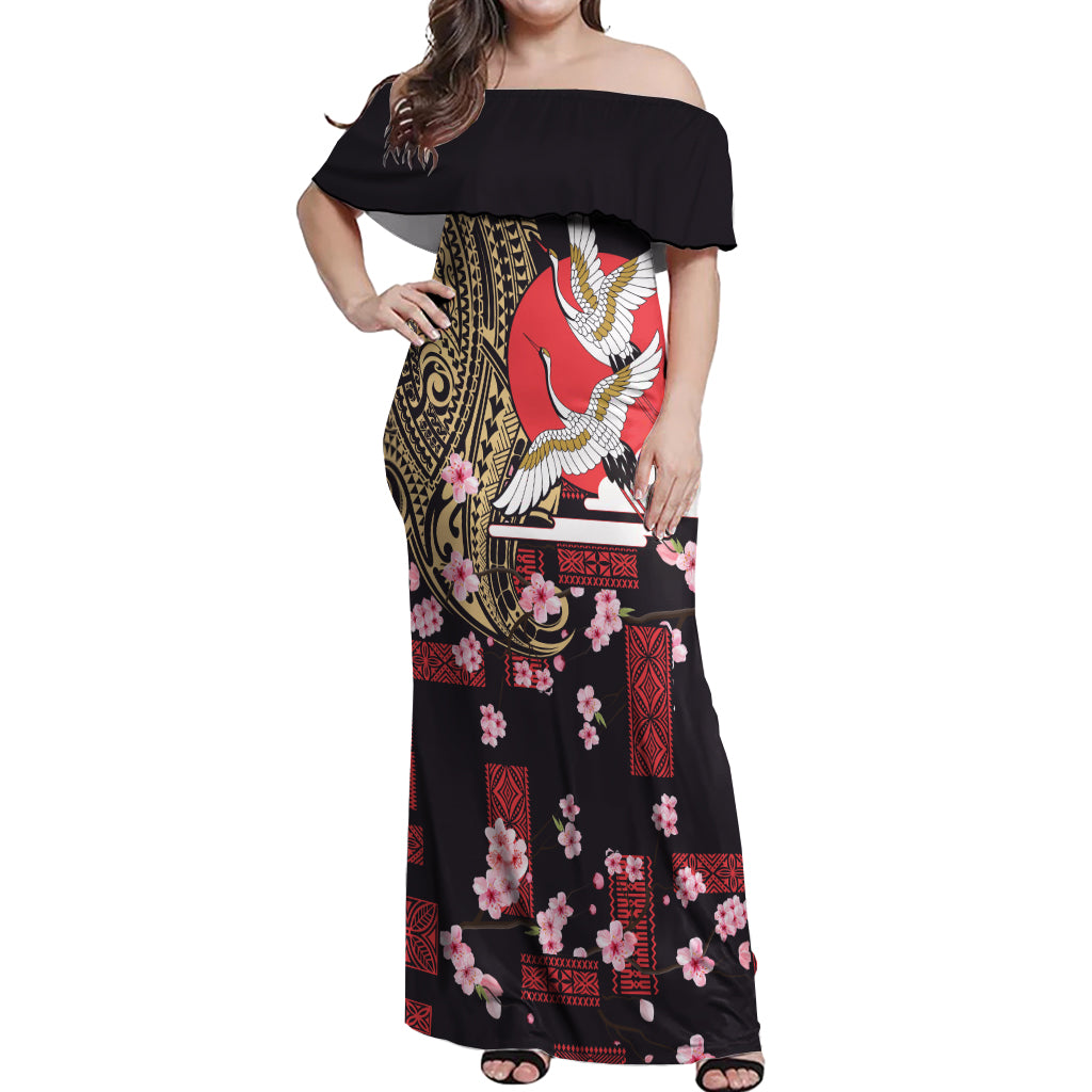 Japanese Culture and Hawaiian Tribal Off Shoulder Maxi Dress Sakura Blossom Tapa Pattern