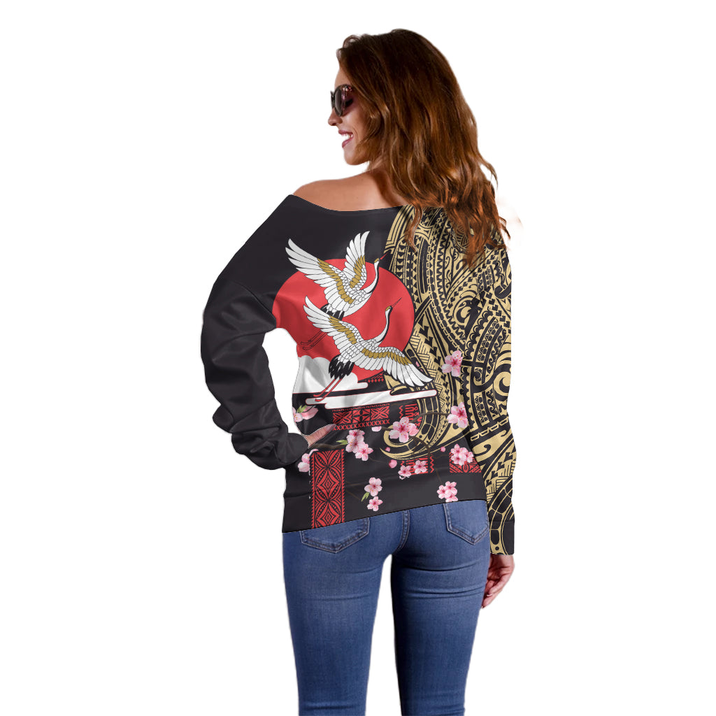 Japanese Culture and Hawaiian Tribal Off Shoulder Sweater Sakura Blossom Tapa Pattern