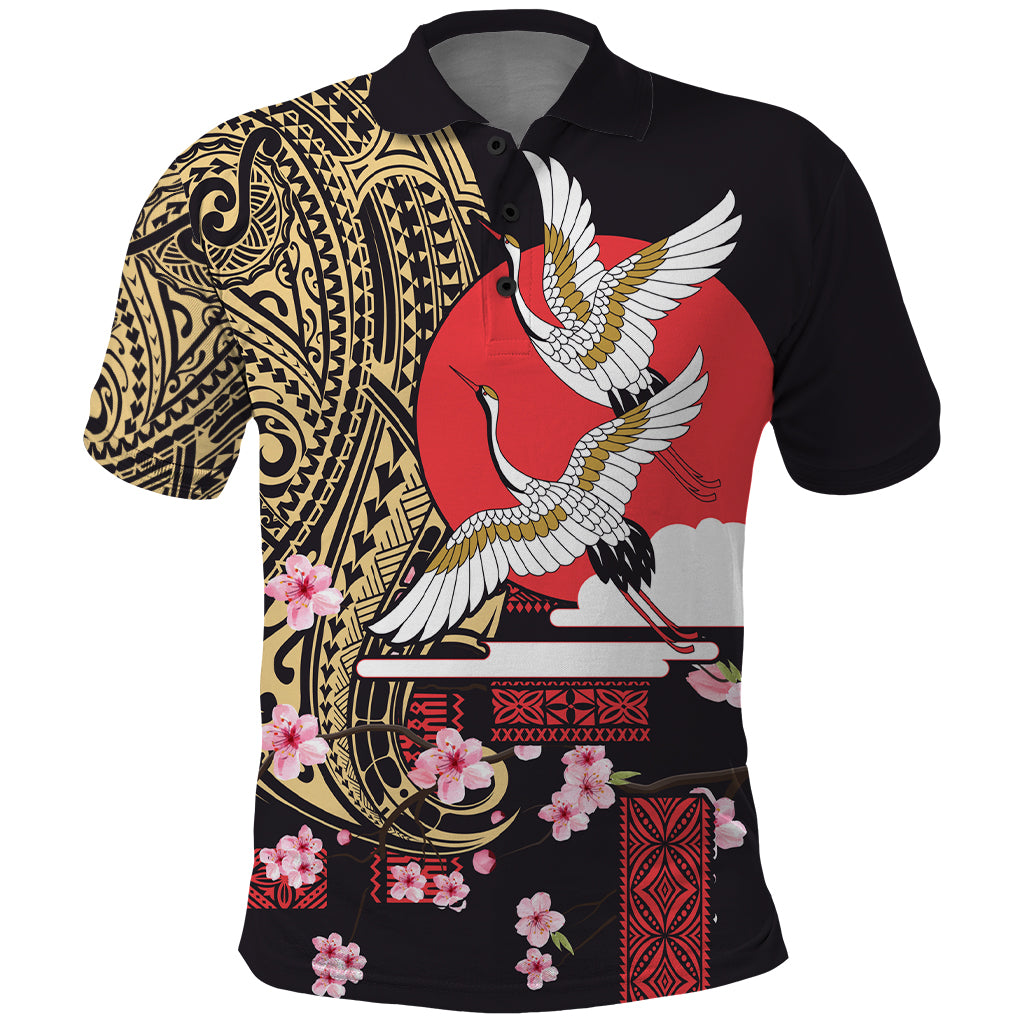 Japanese Culture and Hawaiian Tribal Polo Shirt Sakura Blossom Tapa Pattern