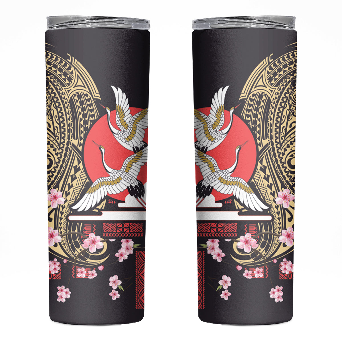 Japanese Culture and Hawaiian Tribal Skinny Tumbler Sakura Blossom Tapa Pattern