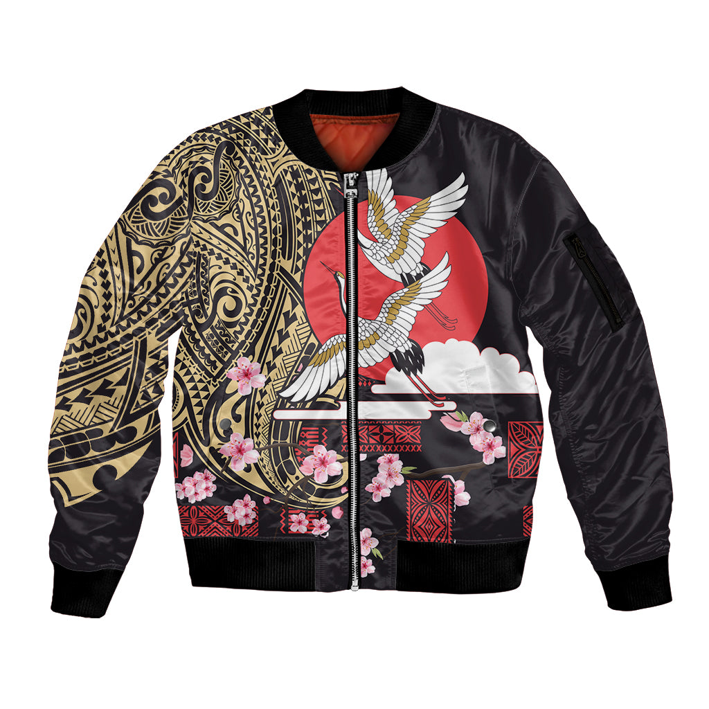 Japanese Culture and Hawaiian Tribal Sleeve Zip Bomber Jacket Sakura Blossom Tapa Pattern