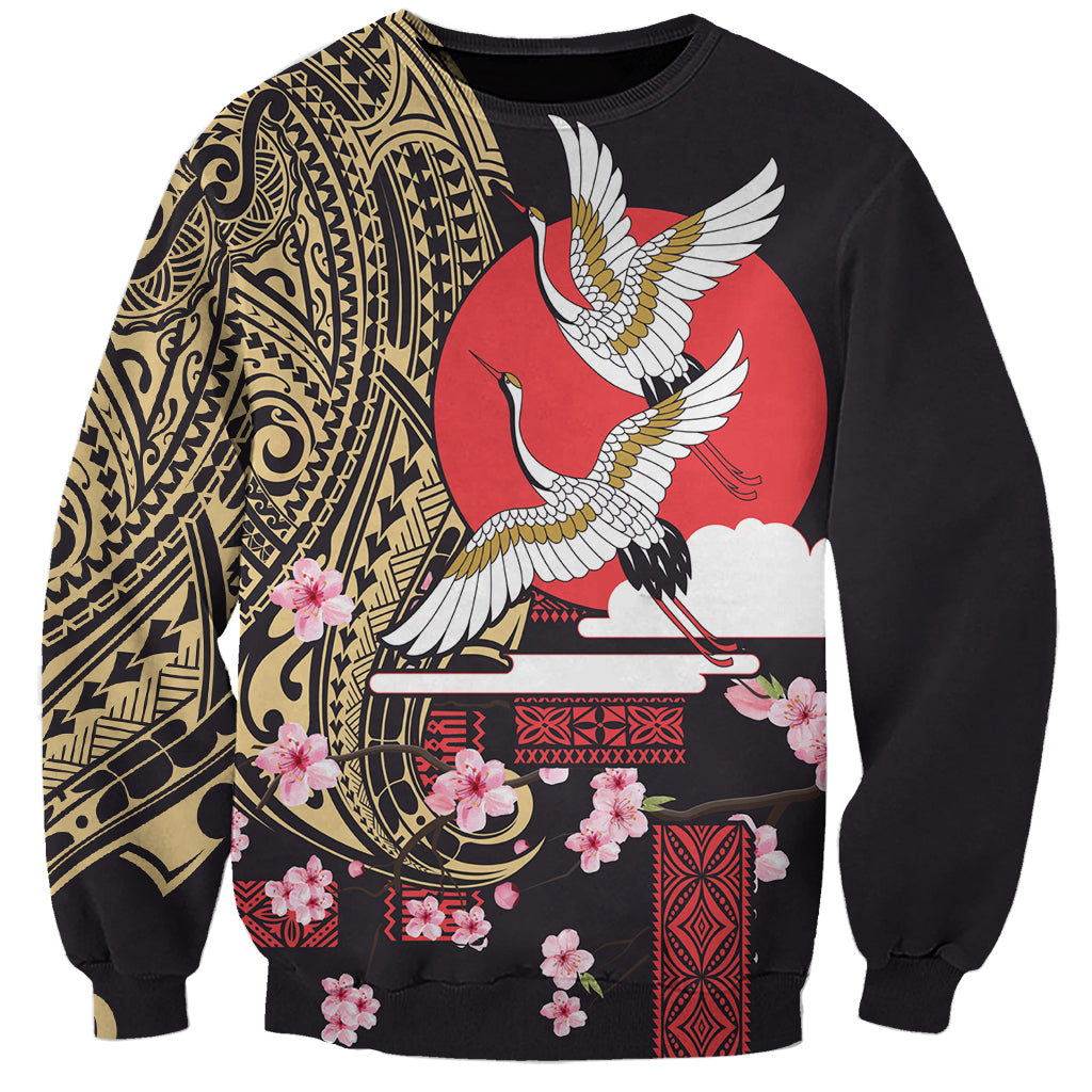 Japanese Culture and Hawaiian Tribal Sweatshirt Sakura Blossom Tapa Pattern LT03 Unisex Black - Polynesian Pride