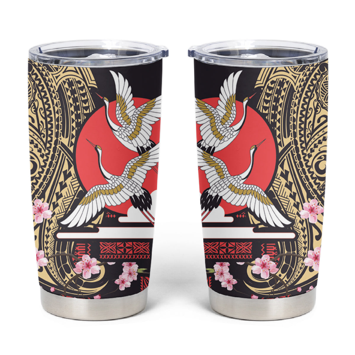 Japanese Culture and Hawaiian Tribal Tumbler Cup Sakura Blossom Tapa Pattern