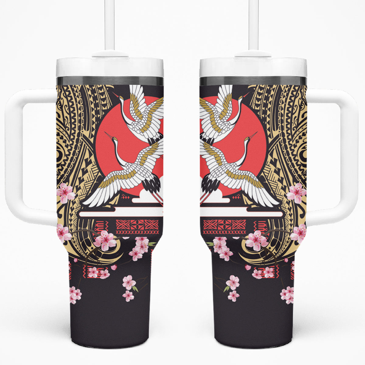 Japanese Culture and Hawaiian Tribal Tumbler With Handle Sakura Blossom Tapa Pattern