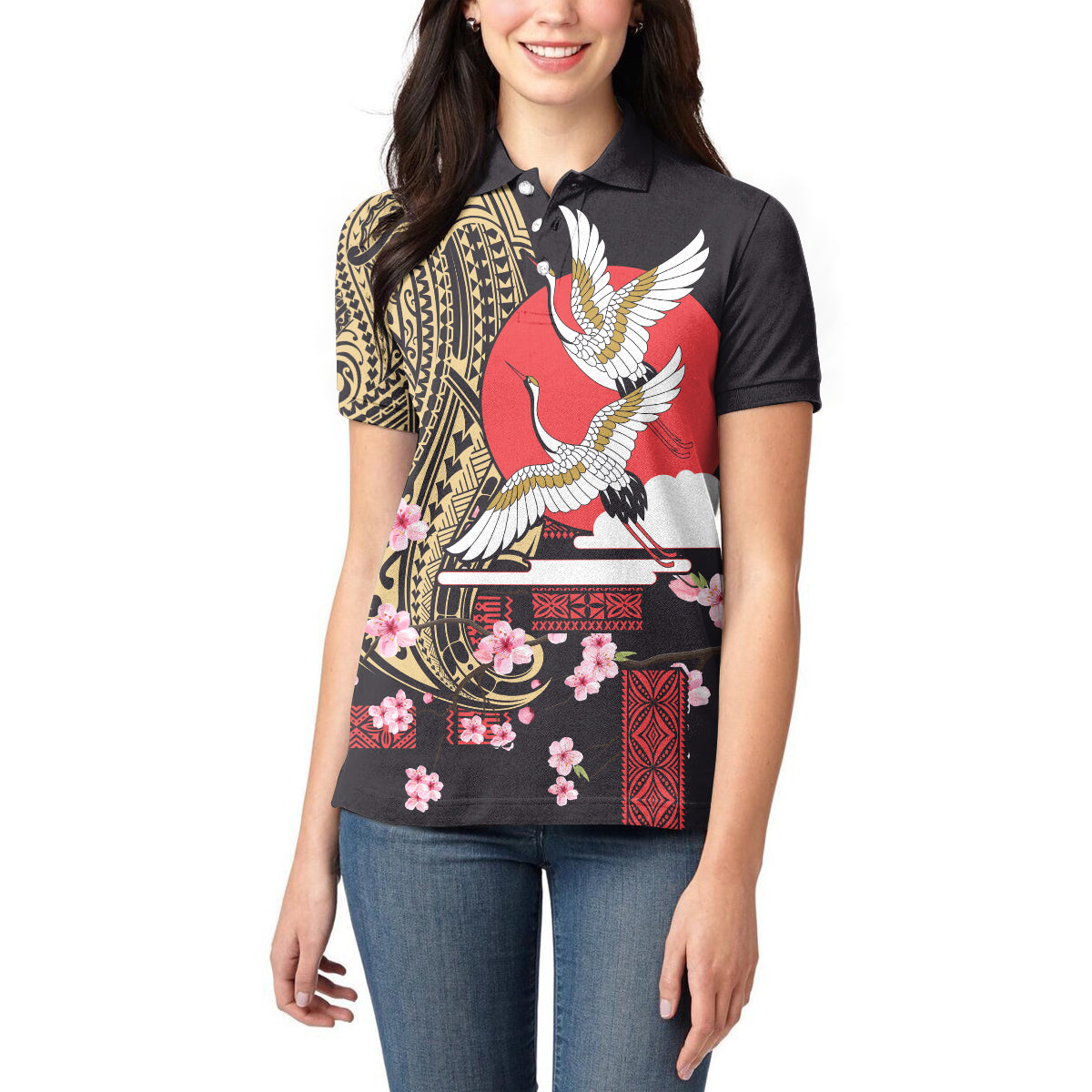 Japanese Culture and Hawaiian Tribal Women Polo Shirt Sakura Blossom Tapa Pattern