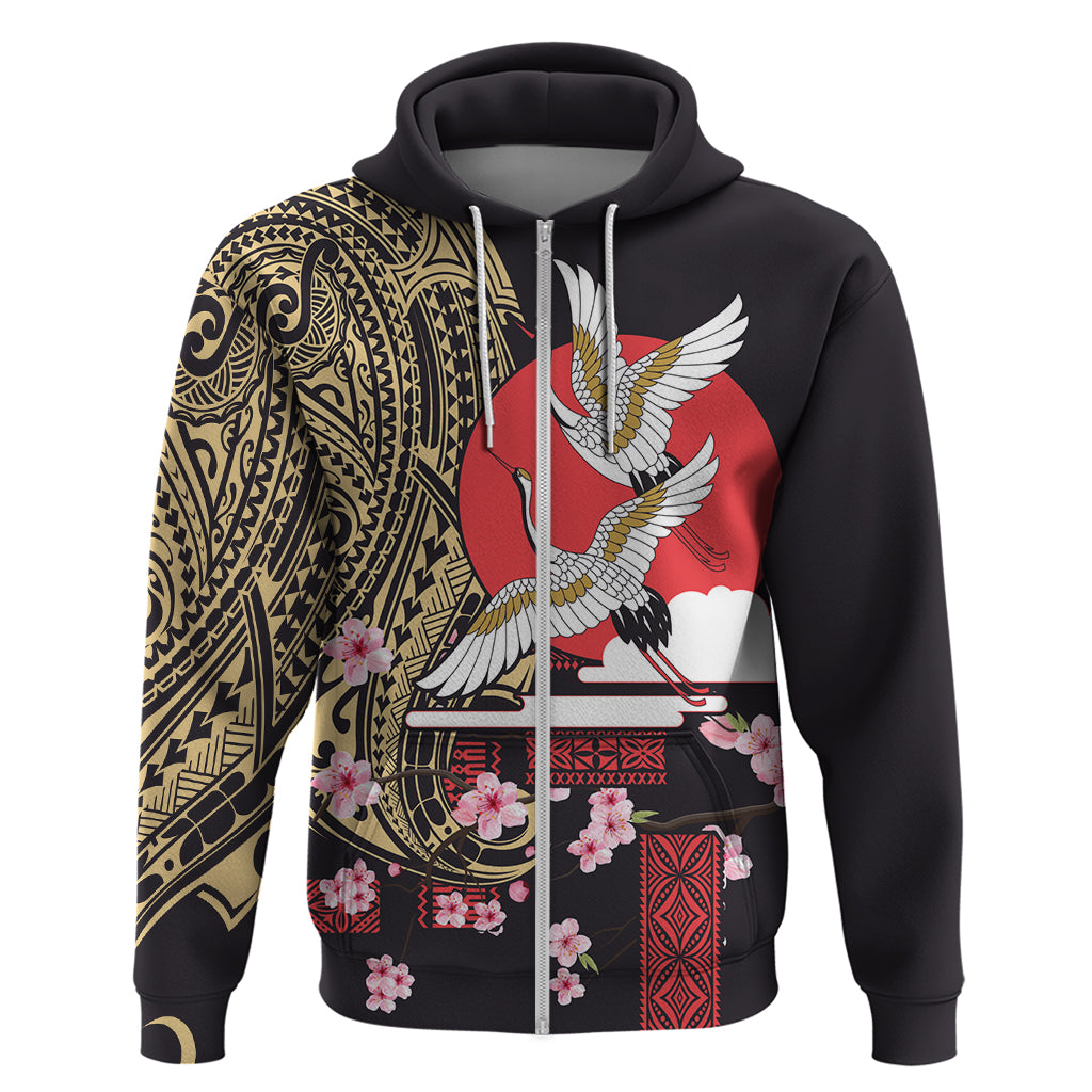 Japanese Culture and Hawaiian Tribal Zip Hoodie Sakura Blossom Tapa Pattern