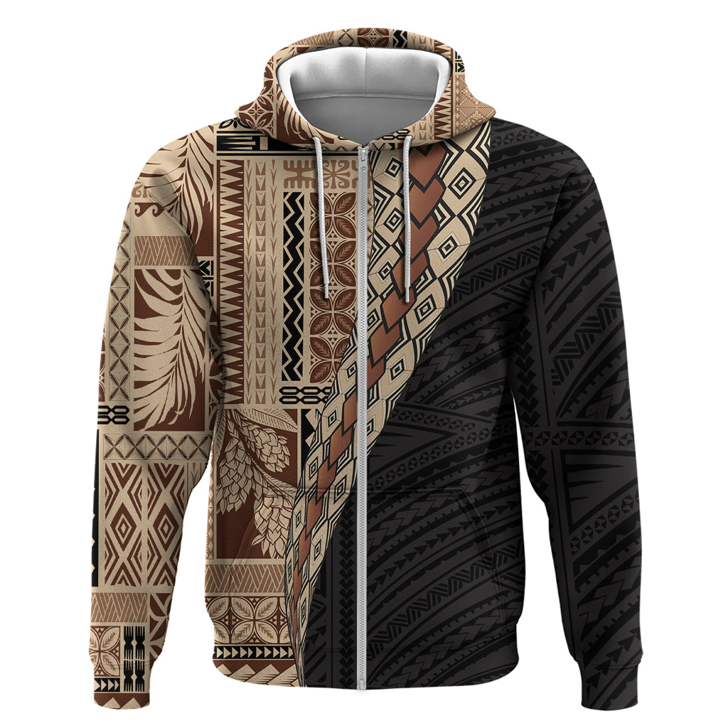 Samoa Siapo Motif Half Style Zip Hoodie Brown Version LT03 Zip Hoodie Brown - Polynesian Pride