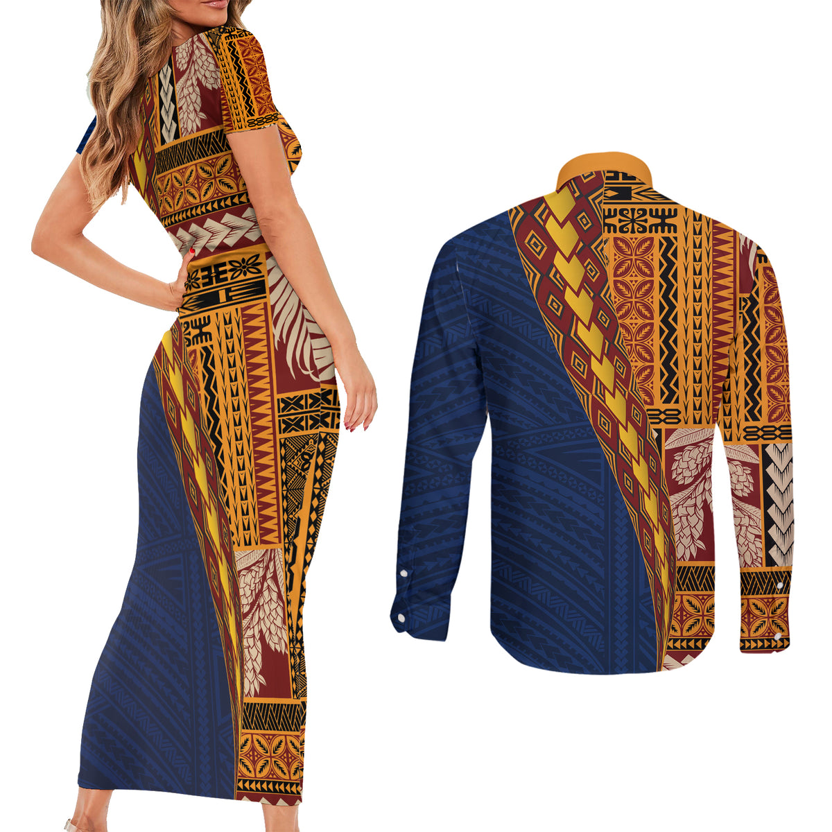 Samoa Siapo Motif Half Style Couples Matching Short Sleeve Bodycon Dress and Long Sleeve Button Shirt Colorful Version