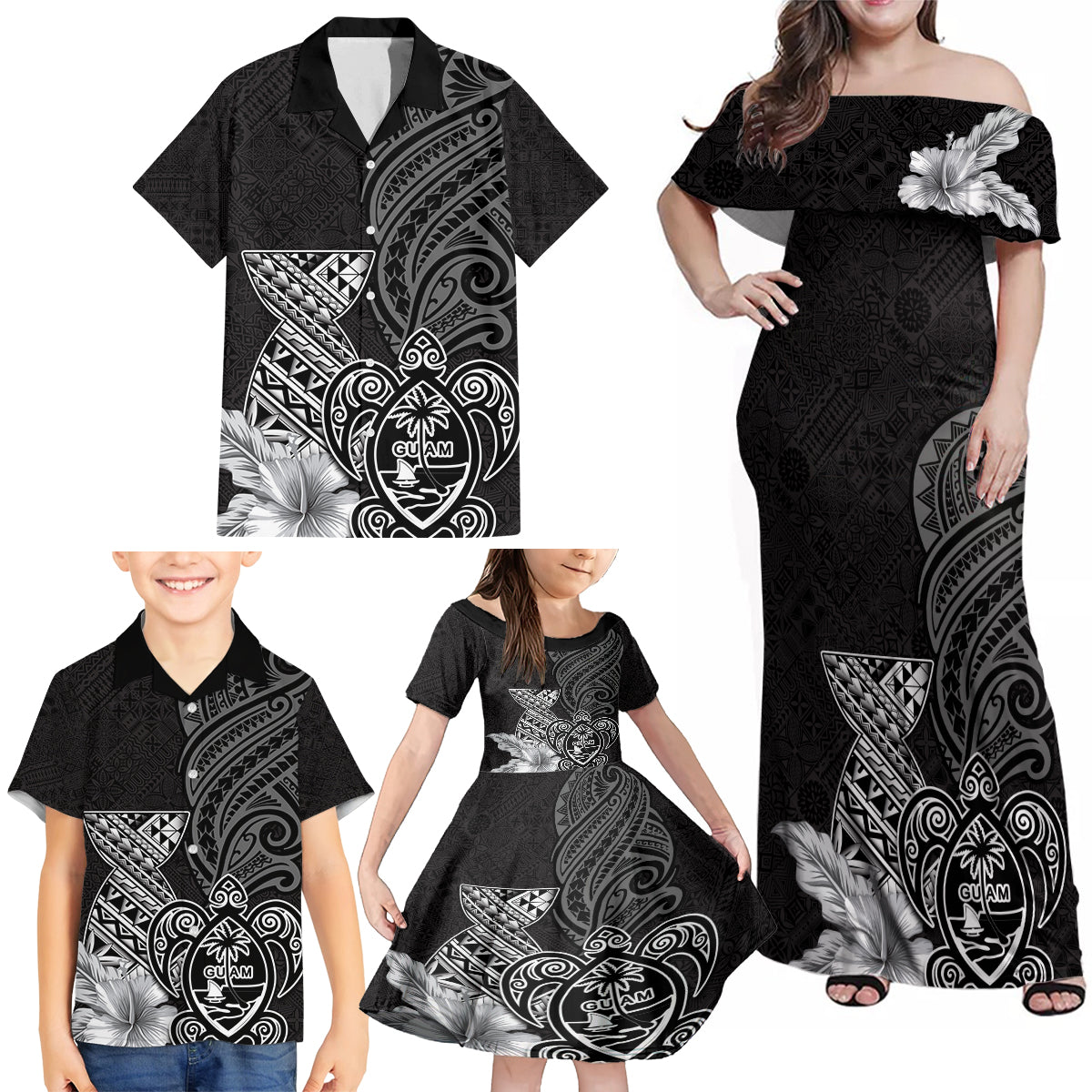 Guam Latte Stone Chamorro Culture Family Matching Off Shoulder Maxi Dress and Hawaiian Shirt Tapa Pattern LT03 - Polynesian Pride