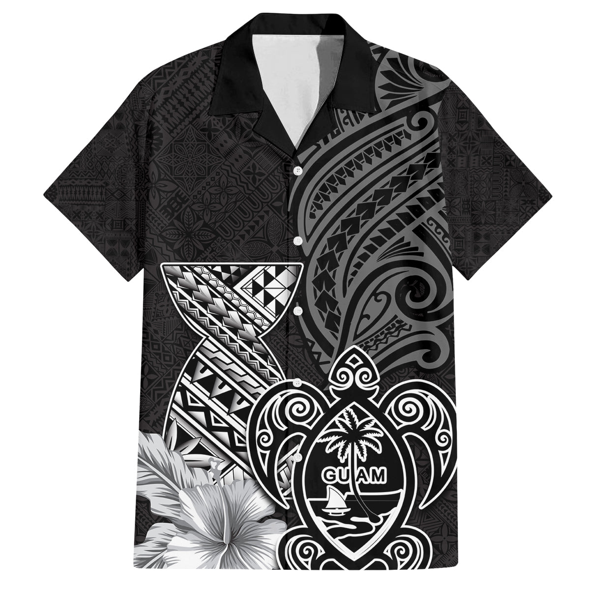 Guam Latte Stone Chamorro Culture Family Matching Off Shoulder Maxi Dress and Hawaiian Shirt Tapa Pattern LT03 Dad's Shirt - Short Sleeve Black - Polynesian Pride
