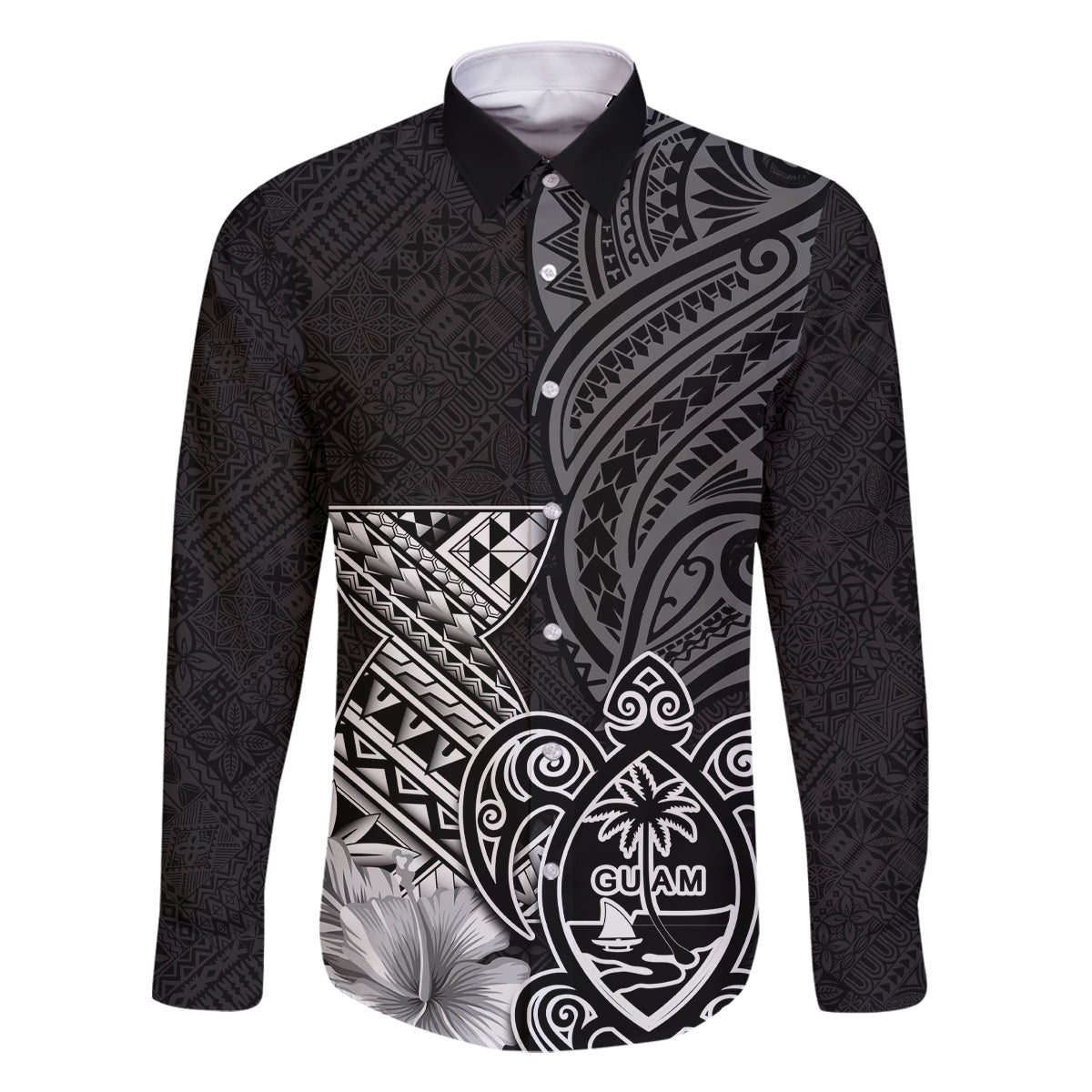 Guam Latte Stone Chamorro Culture Family Matching Off Shoulder Maxi Dress and Hawaiian Shirt Tapa Pattern LT03 Dad's Shirt - Long Sleeve Black - Polynesian Pride